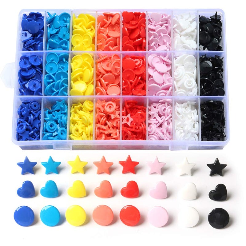BetterJonny 360 Sets KAM Snaps Size 20 T5 Star Heart Round Plastic Resin Fasteners Punch Poppers Closures No-Sew Buttons Storage Container for Crafts Cloth - Image 1
